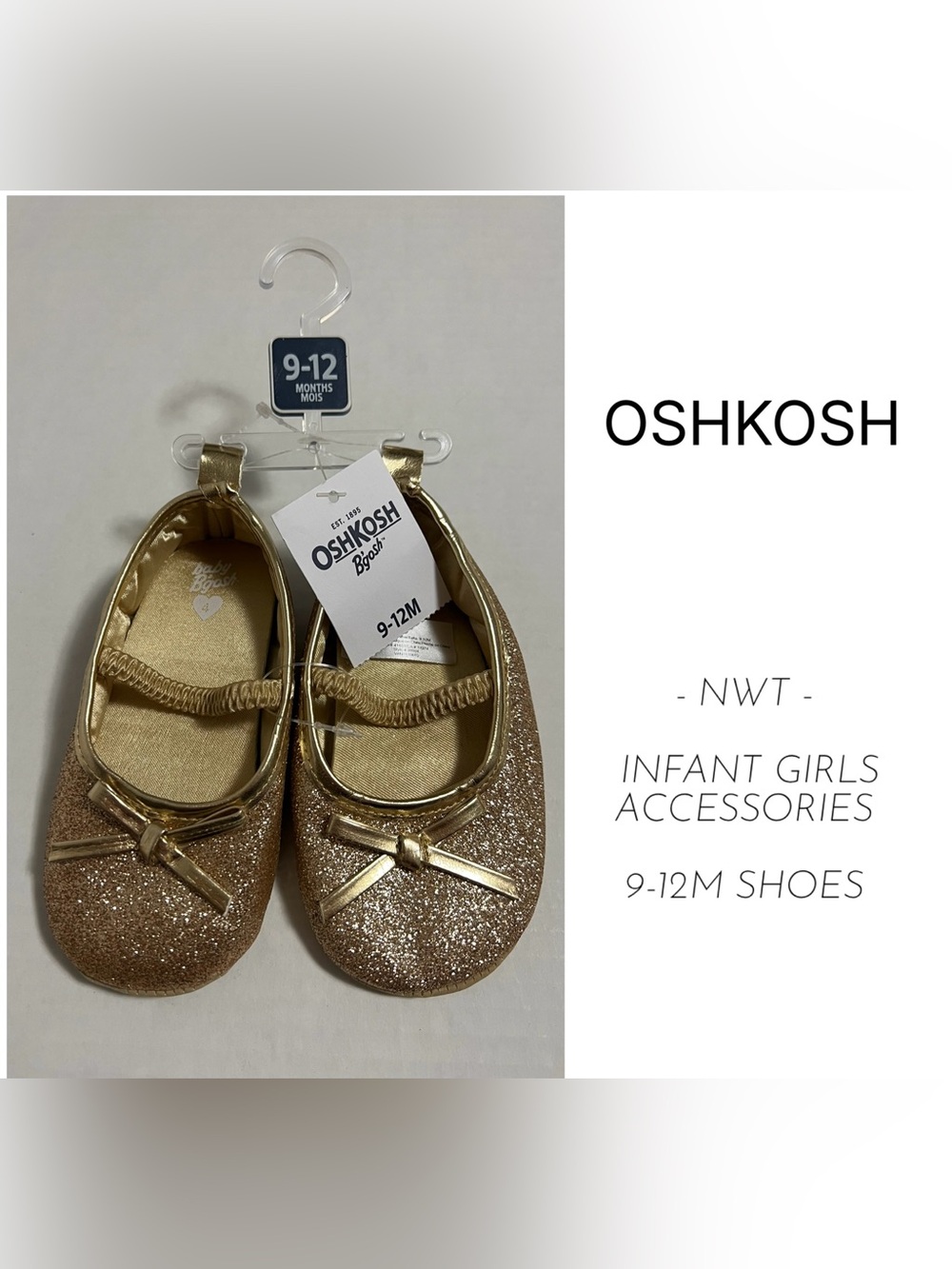 OSHKOSH - 9/12M - NWT - INFANT GIRLS GOLD SPARKLE BALLET FLATS / SHOES